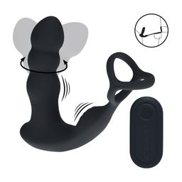 Levelz by shots Dual Vibrating Remote Rotating Head Silicone Prostate Stimulator with Cock and Ball Ring - Black (8714273068187)