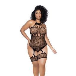 Mapalé Leopard Halter Visnet Bodysuit - Koning Maat - Zwart (190602299084)