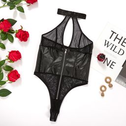 De namour lingerie by shots Transparante Mesh Halter Bodysuit met Rits aan de Voorkant - S/M - Zwart (8714273026767)