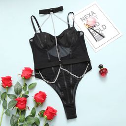 De namour lingerie by shots Mesh Bodysuit met Bodychain en Kraag - L/XL - Zwart (8714273026996)
