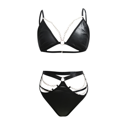 De namour lingerie by shots Micro Faux Leather Twee Delige Set met Ketting - L/XL - Zwart (8714273027337)
