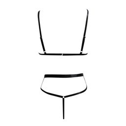 De namour lingerie by shots Micro Faux Leather Twee Delige Set met Ketting - L/XL - Zwart (8714273027337)