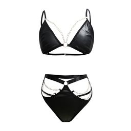 De namour lingerie by shots Micro Faux Leather Twee Delige Set met Ketting - S/M - Zwart (8714273027320)