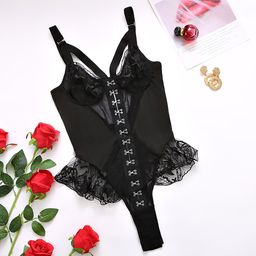 De namour lingerie by shots Gelaagde Kant Mesh Bodysuit met Haak Voorkant - L/XL - Zwart (8714273027276)