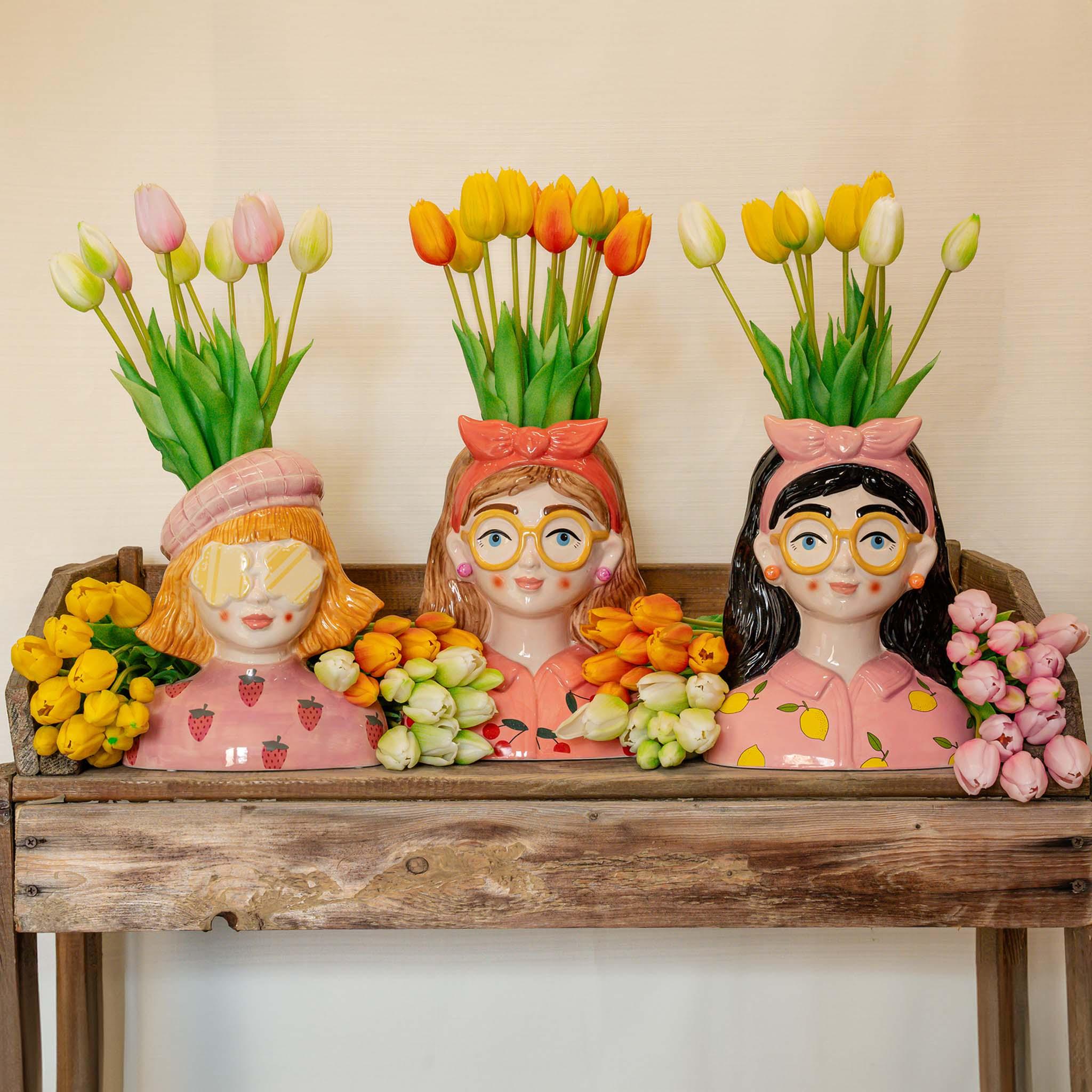 Vaas Lady Sunny + 10x real touch Tulpen wit/groen (8720872023861)