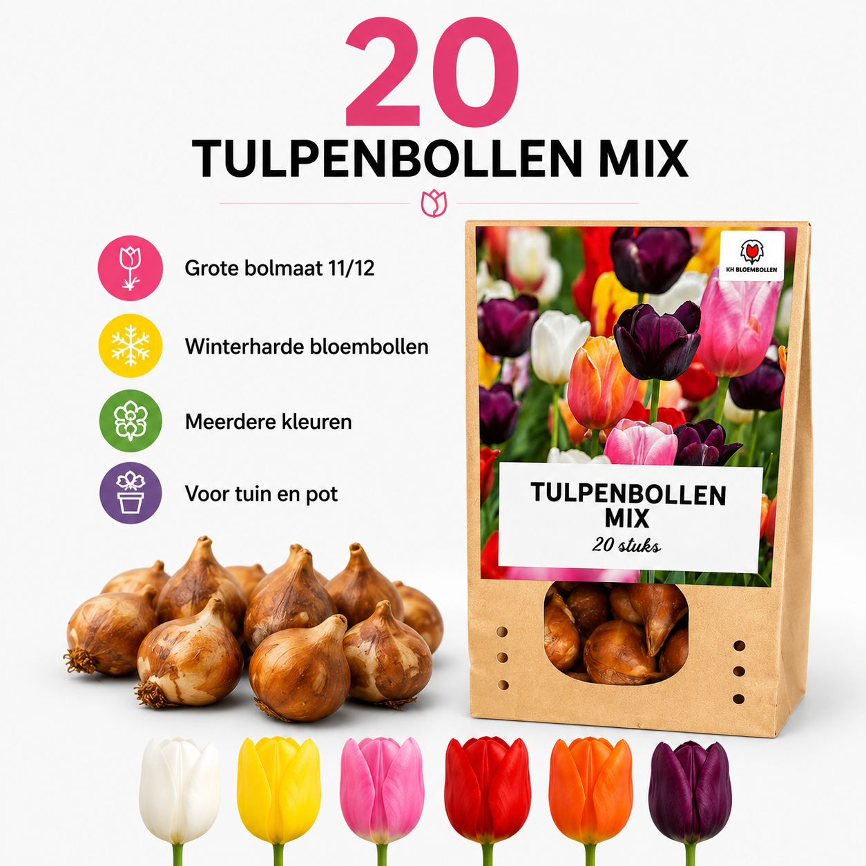 Kh bloembollen 10 zakjes tulpenbollen Mix - 20 Stuks - Winterhard - Maat 11/12 (51455)