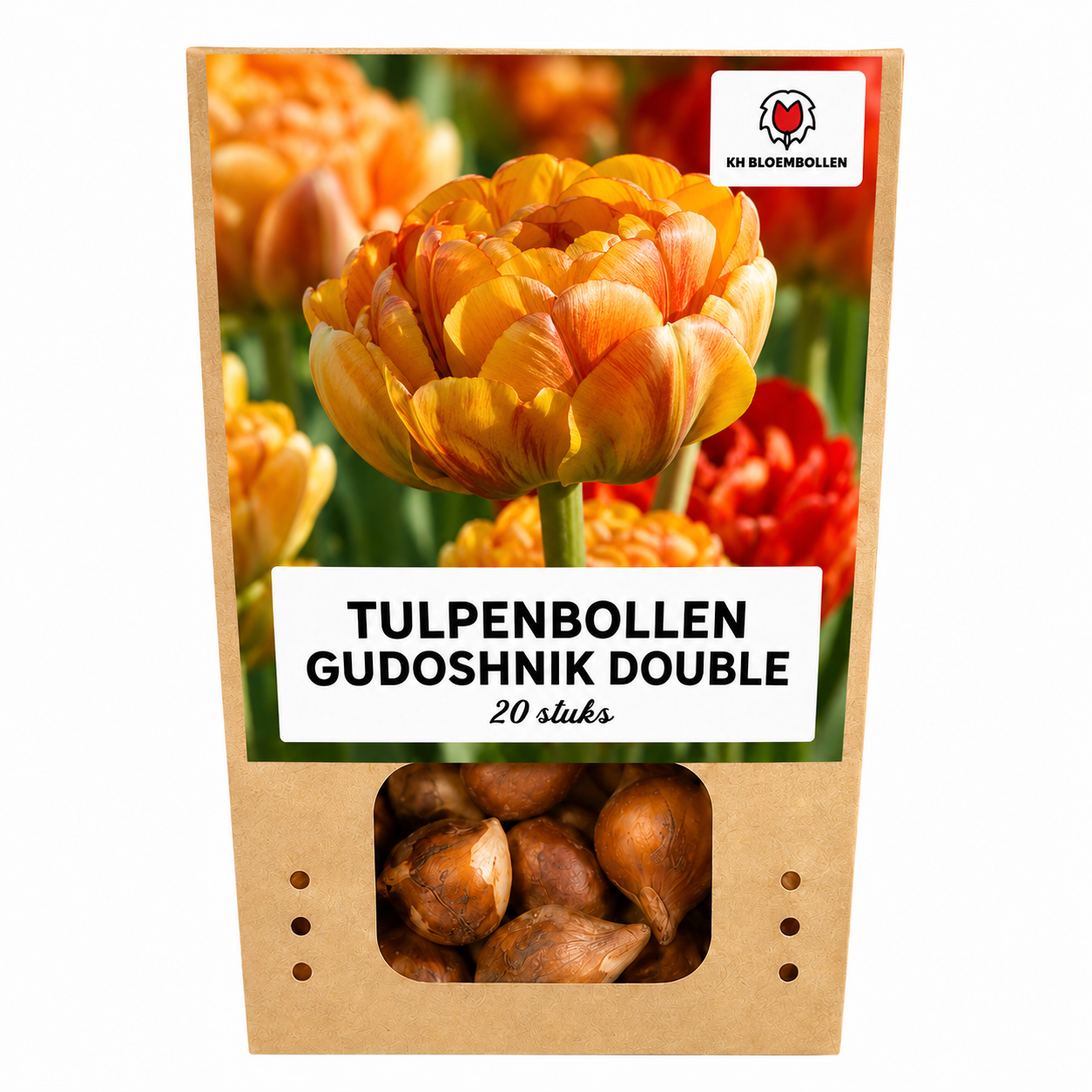 Tulpenbollen Gudoshnik Double – 20 Stuks | KH Bloembollen® | Geel, Oranje & Rode Dubbelbloemige Tulp – Pioenachtig & Kleurrijk – Voor Tuin of  (51158)