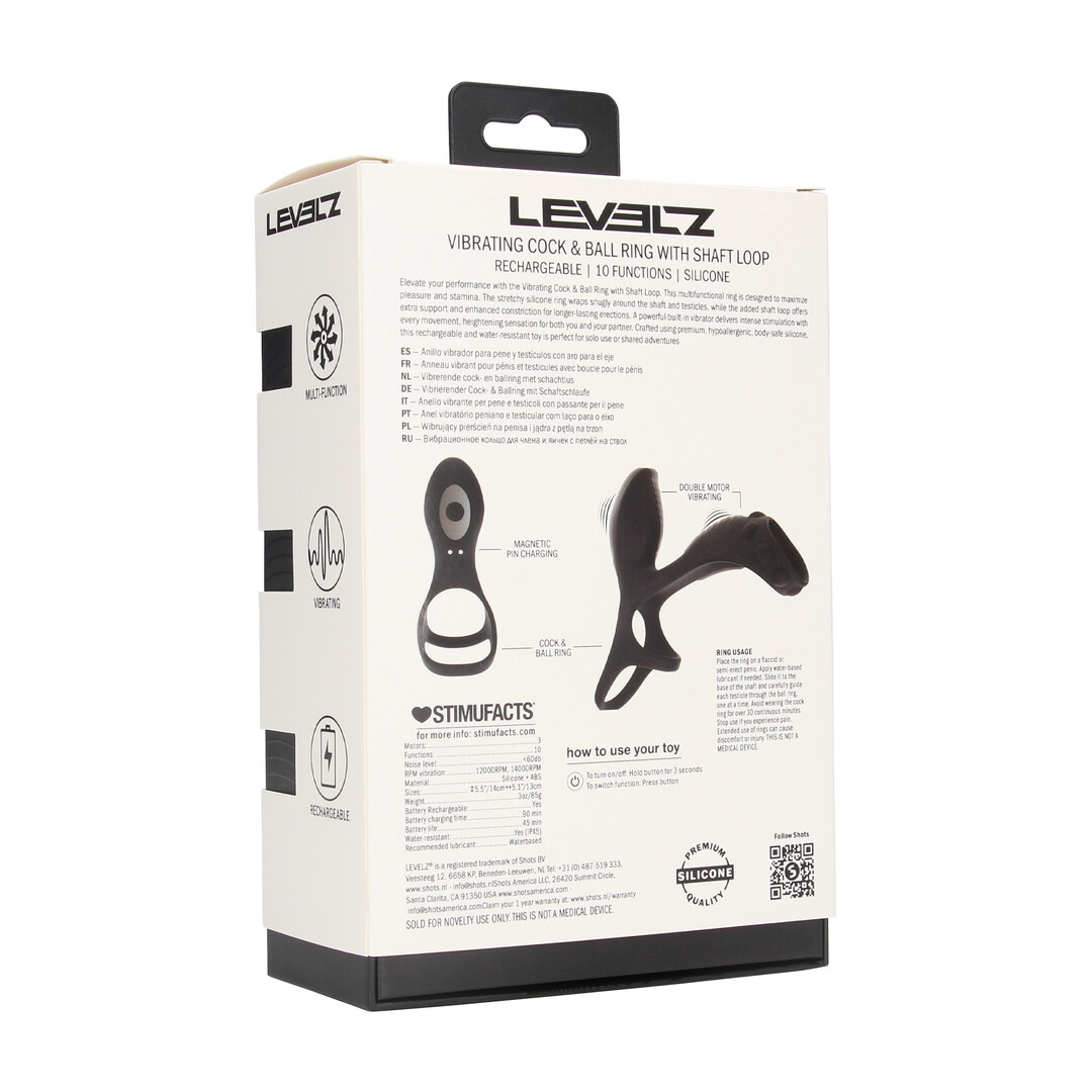 Levelz by shots Vibrerende Siliconen Cock- en Ballenring met Schachtlus - Zwart (8714273067777)
