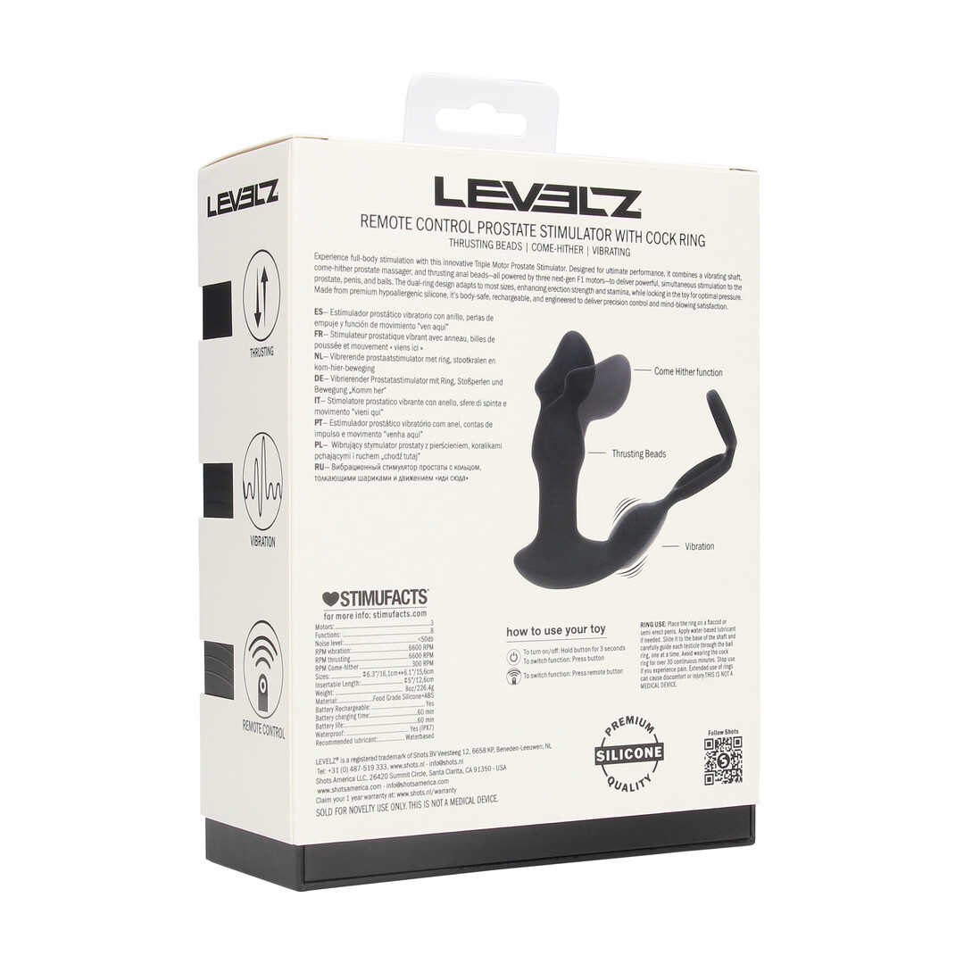 Levelz by shots Afstandsbediening Vibrerende Duwende Kom-Hier Siliconen Prostaat Stimulator met Cockring - Zwart (8714273067999)