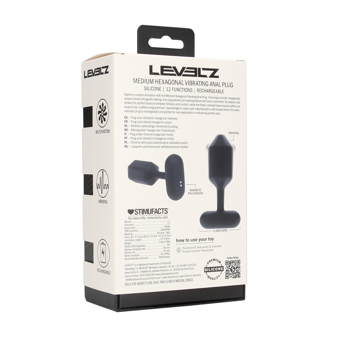 Levelz by shots Hexagonale Vibrerende Siliconen Anale Plug - M - Zwart (8714273067494)