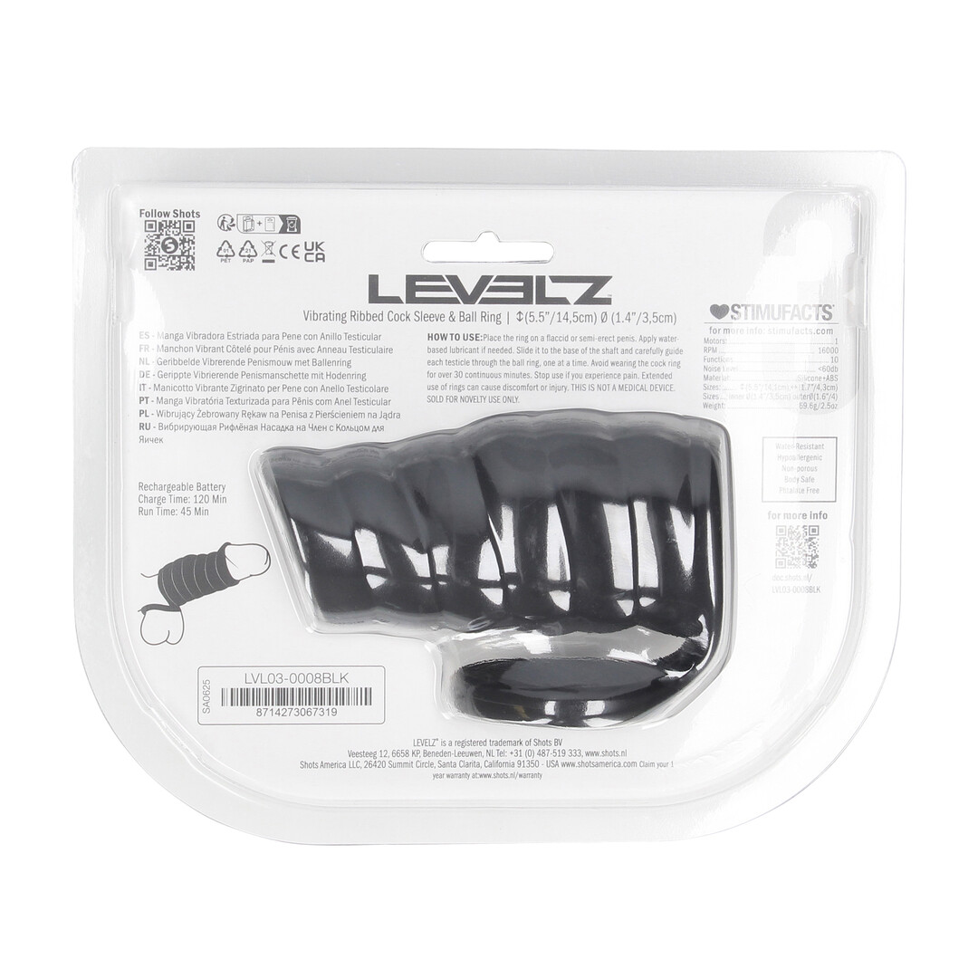 Levelz by shots Vibrerende Geribbelde Siliconen Cock Sleeve en Ball Ring - Zwart (8714273067319)