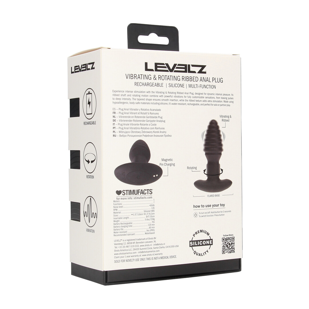 Levelz by shots Vibrerende en Draaiende Geribbelde Siliconen Anale Plug - Zwart (8714273067753)