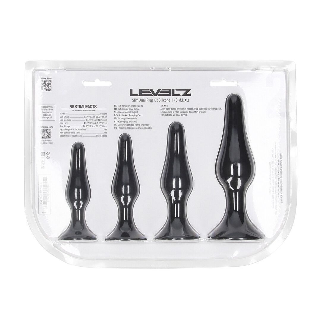 Levelz by shots Slim Siliconen Anale Plug Set van 4 - S/M/L/XL - Zwart (8714273066190)
