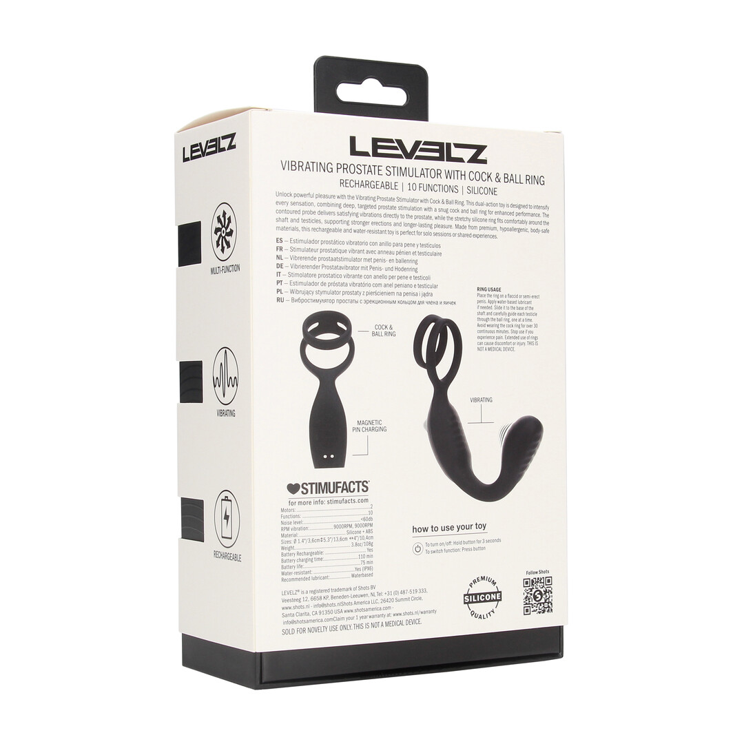Levelz by shots Vibrerende Siliconen Prostaatstimulator met Cock- en Ballring - Zwart (8714273067678)