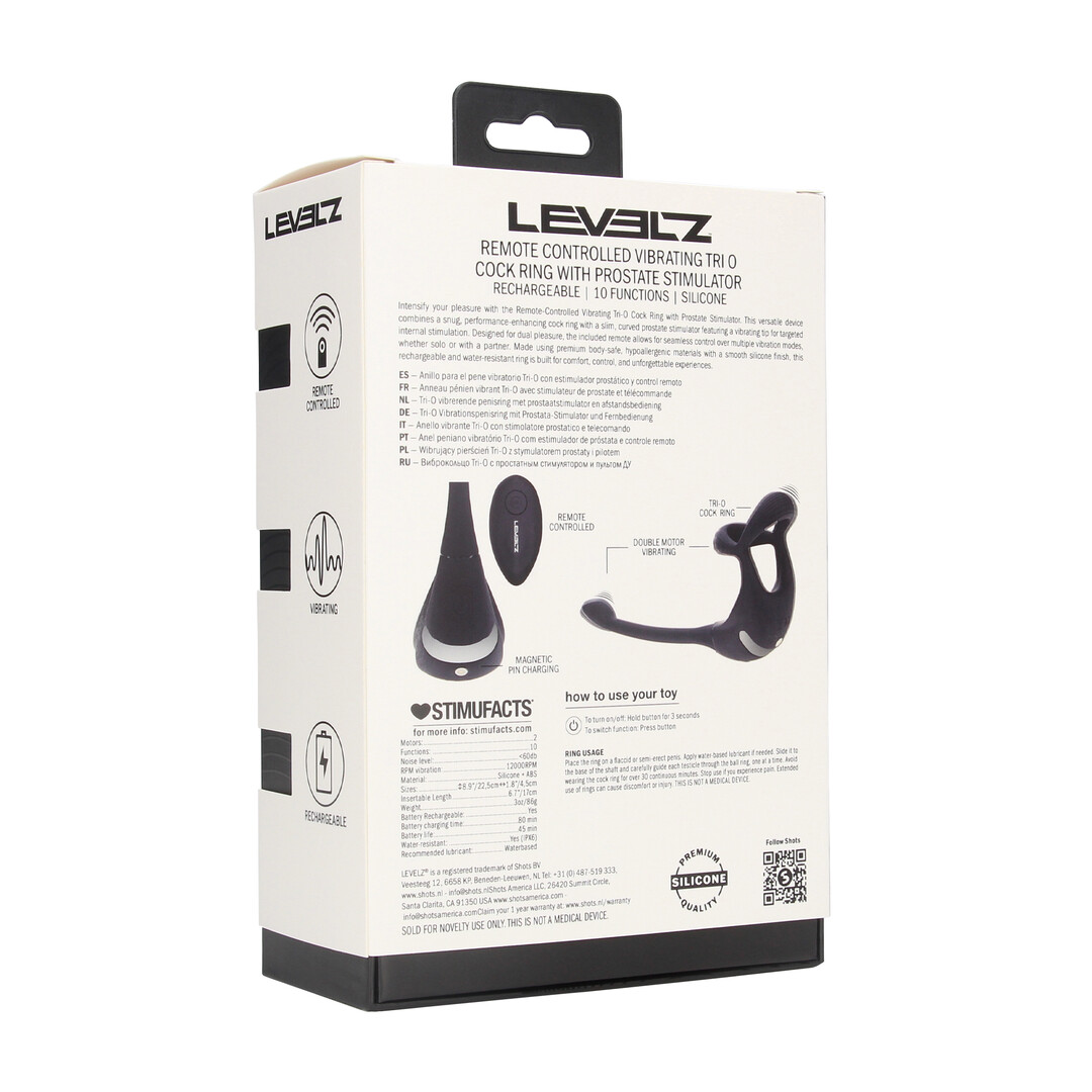 Levelz by shots Afstandsbediening Vibrerende Siliconen Tri O Cockring met Prostaatstimulator - Zwart (8714273067791)
