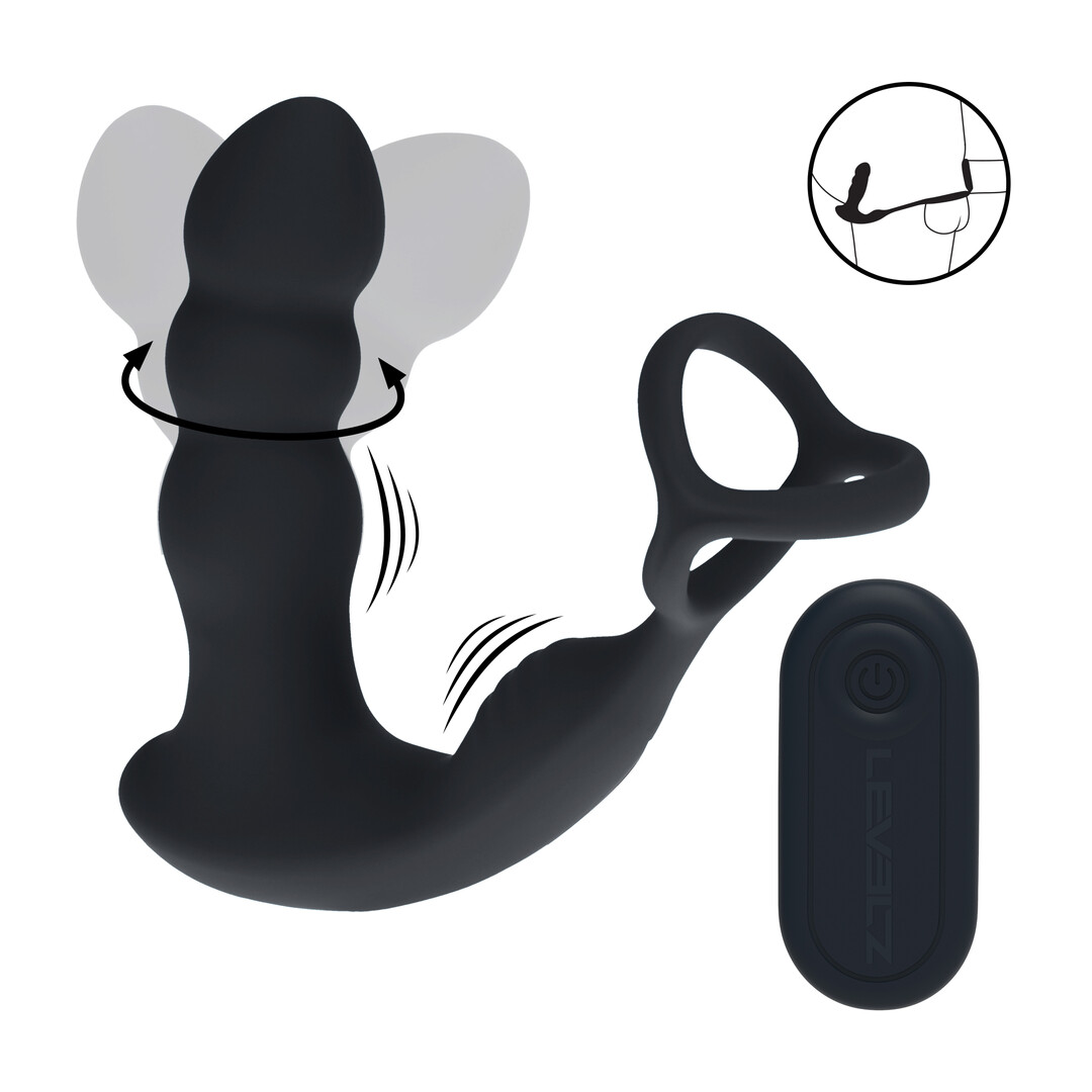 Levelz by shots Dual Vibrating Remote Rotating Head Silicone Prostate Stimulator with Cock and Ball Ring - Black (8714273068187)