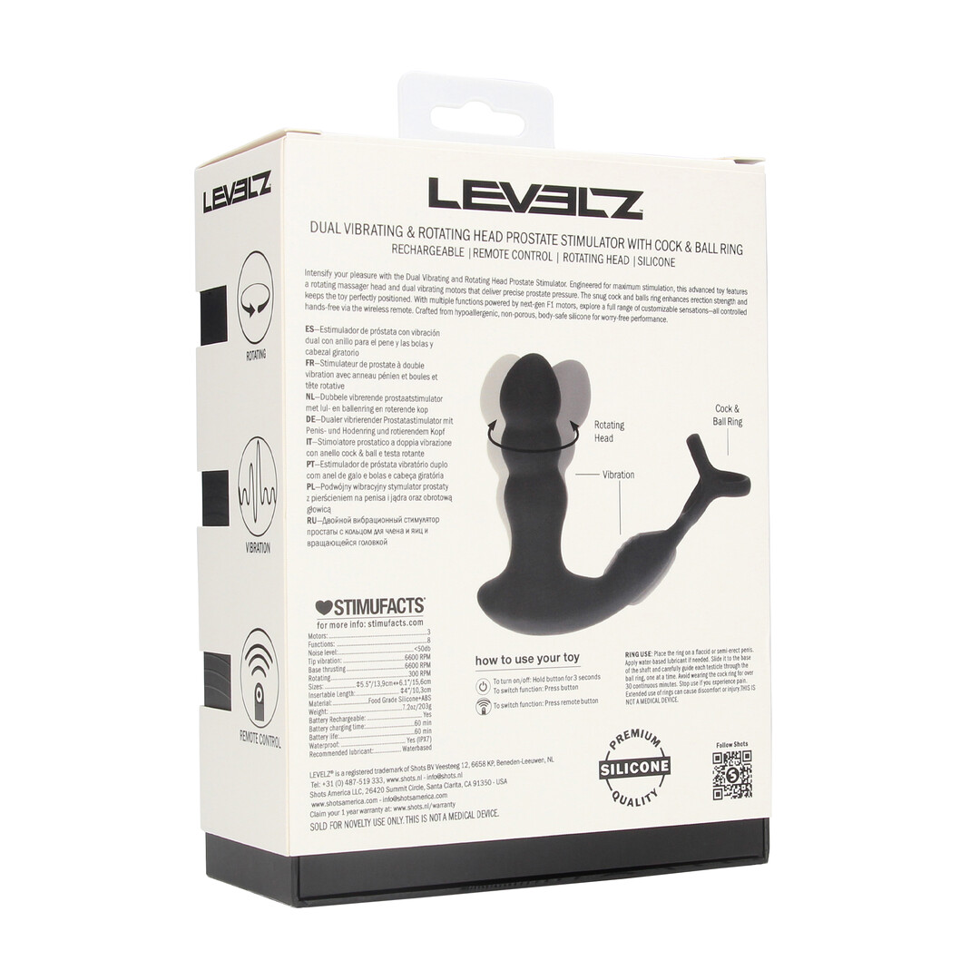 Levelz by shots Dual Vibrating Remote Rotating Head Silicone Prostate Stimulator with Cock and Ball Ring - Black (8714273068187)