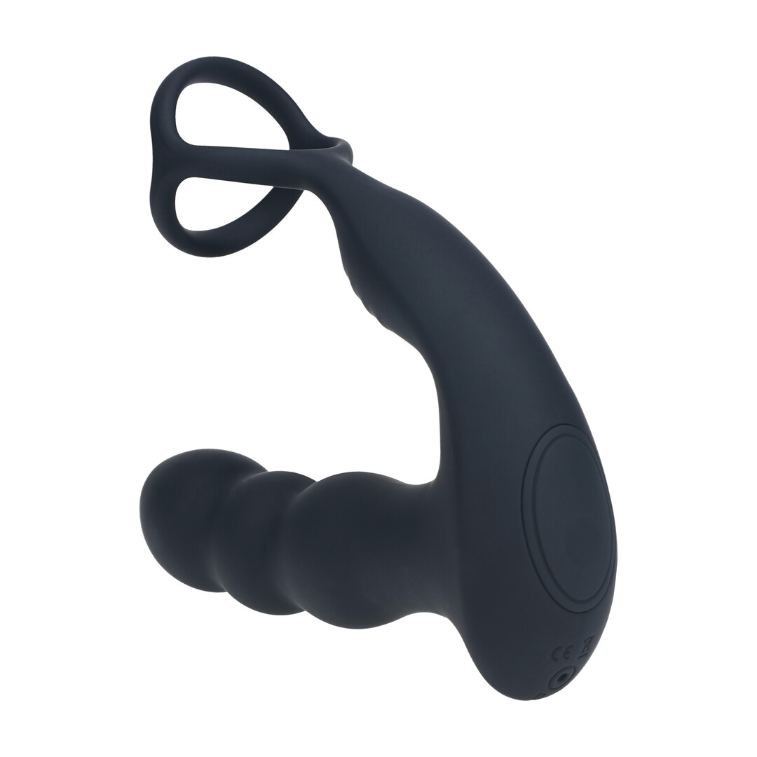 Levelz by shots Dual Vibrating Remote Rotating Head Silicone Prostate Stimulator with Cock and Ball Ring - Black (8714273068187)