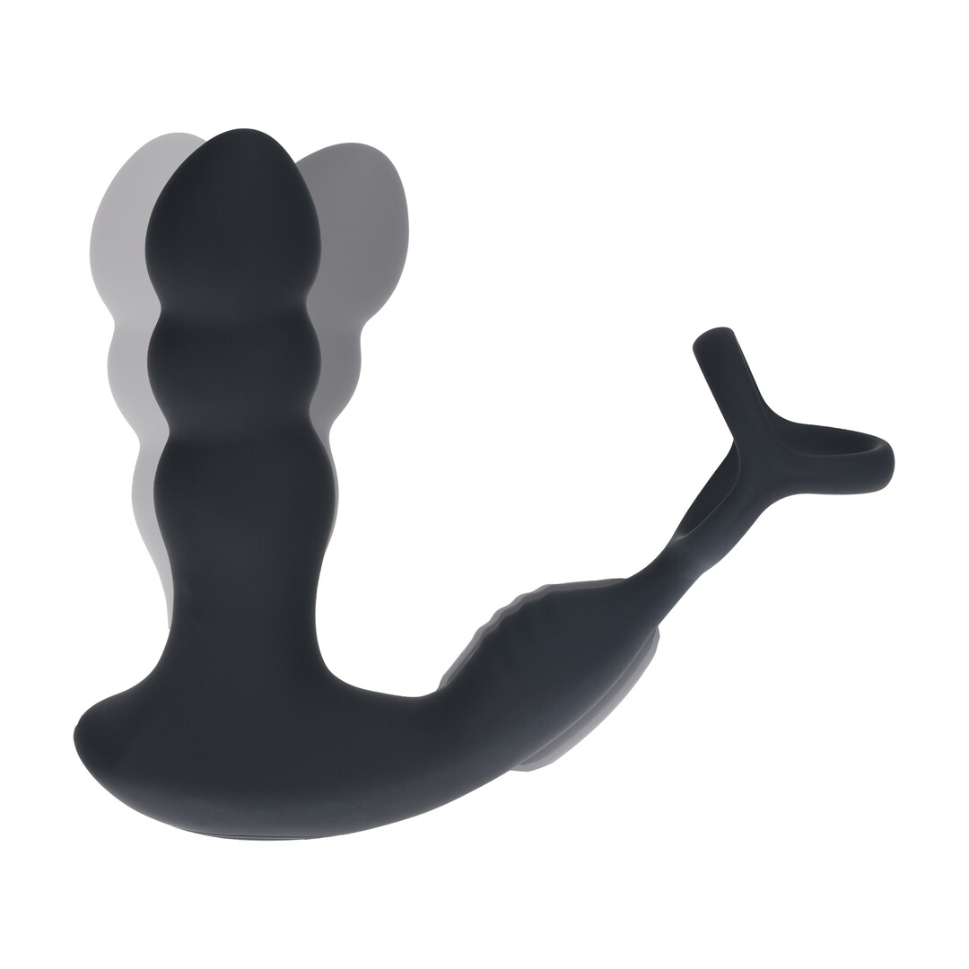 Levelz by shots Dual Vibrating Remote Rotating Head Silicone Prostate Stimulator with Cock and Ball Ring - Black (8714273068187)