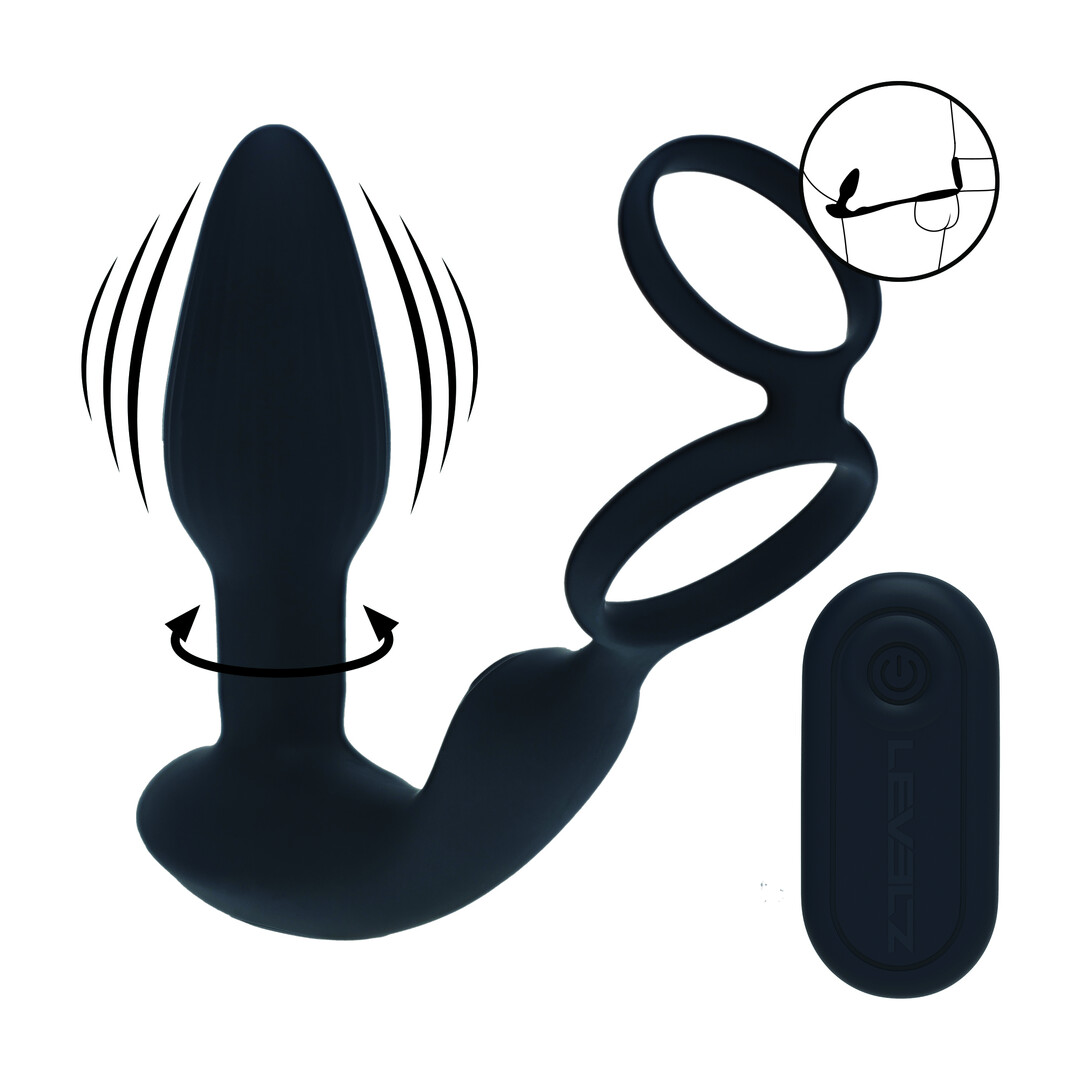 Levelz by shots Dual Vibrating Remote Rotating Beads Silicone Prostate Stimulator with Cock and Ball Ring - Black (8714273068163)