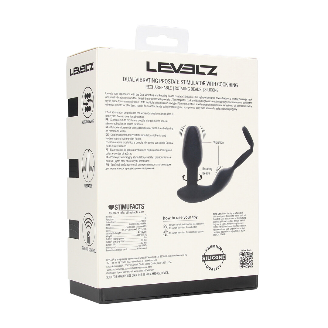 Levelz by shots Dual Vibrating Remote Rotating Beads Silicone Prostate Stimulator with Cock and Ball Ring - Black (8714273068163)