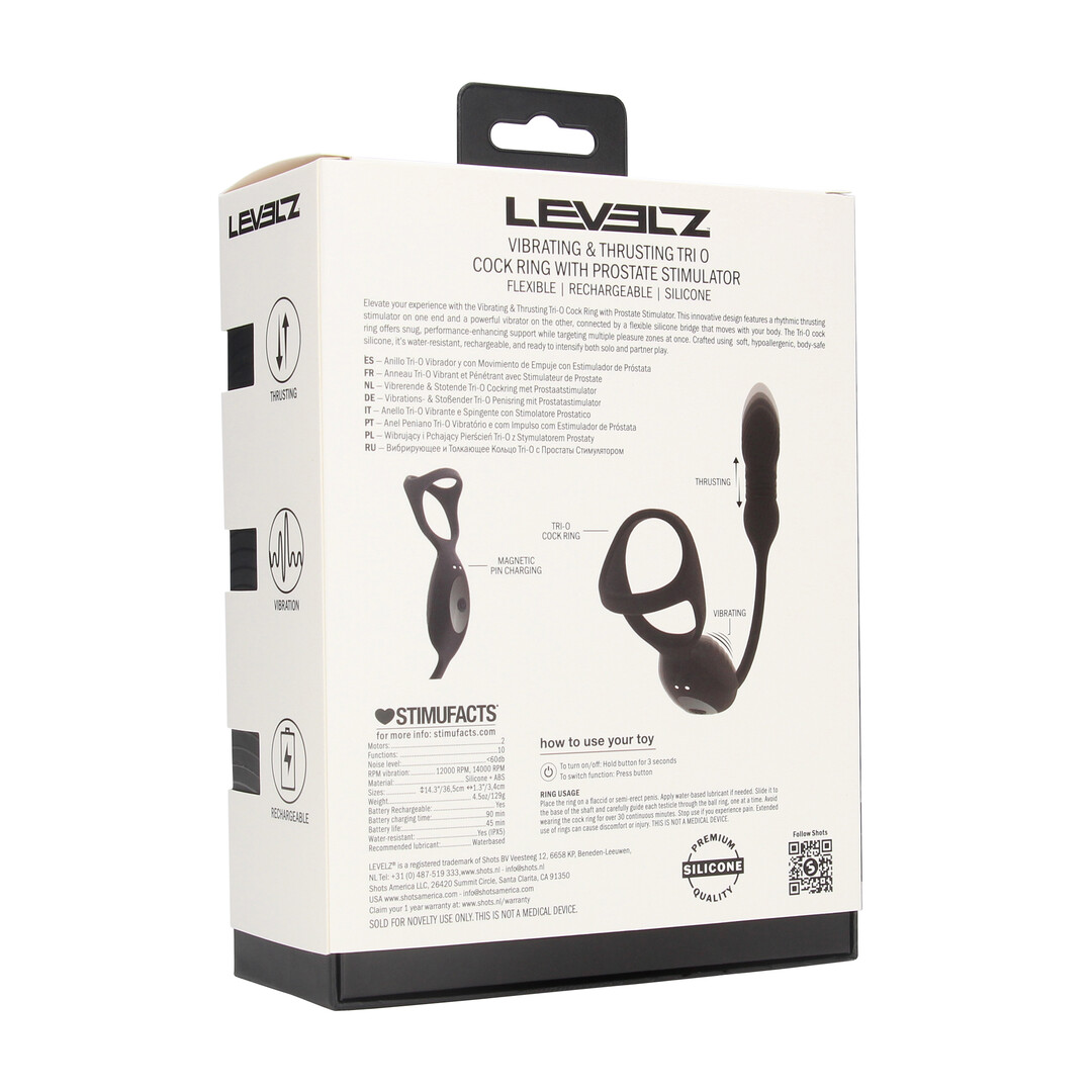 Levelz by shots Vibrerende en Duwende Silicone Tri O Cockring met Prostaat Stimulator - Zwart (8714273067814)
