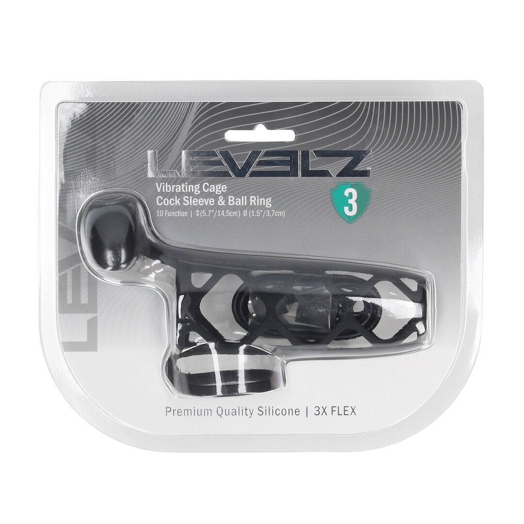 Levelz by shots Vibrerende Kooi Silicone Penis Huls en Balring - Zwart (8714273067296)