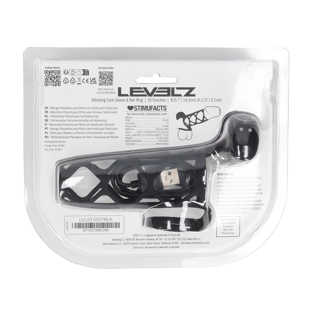 Levelz by shots Vibrerende Kooi Silicone Penis Huls en Balring - Zwart (8714273067296)