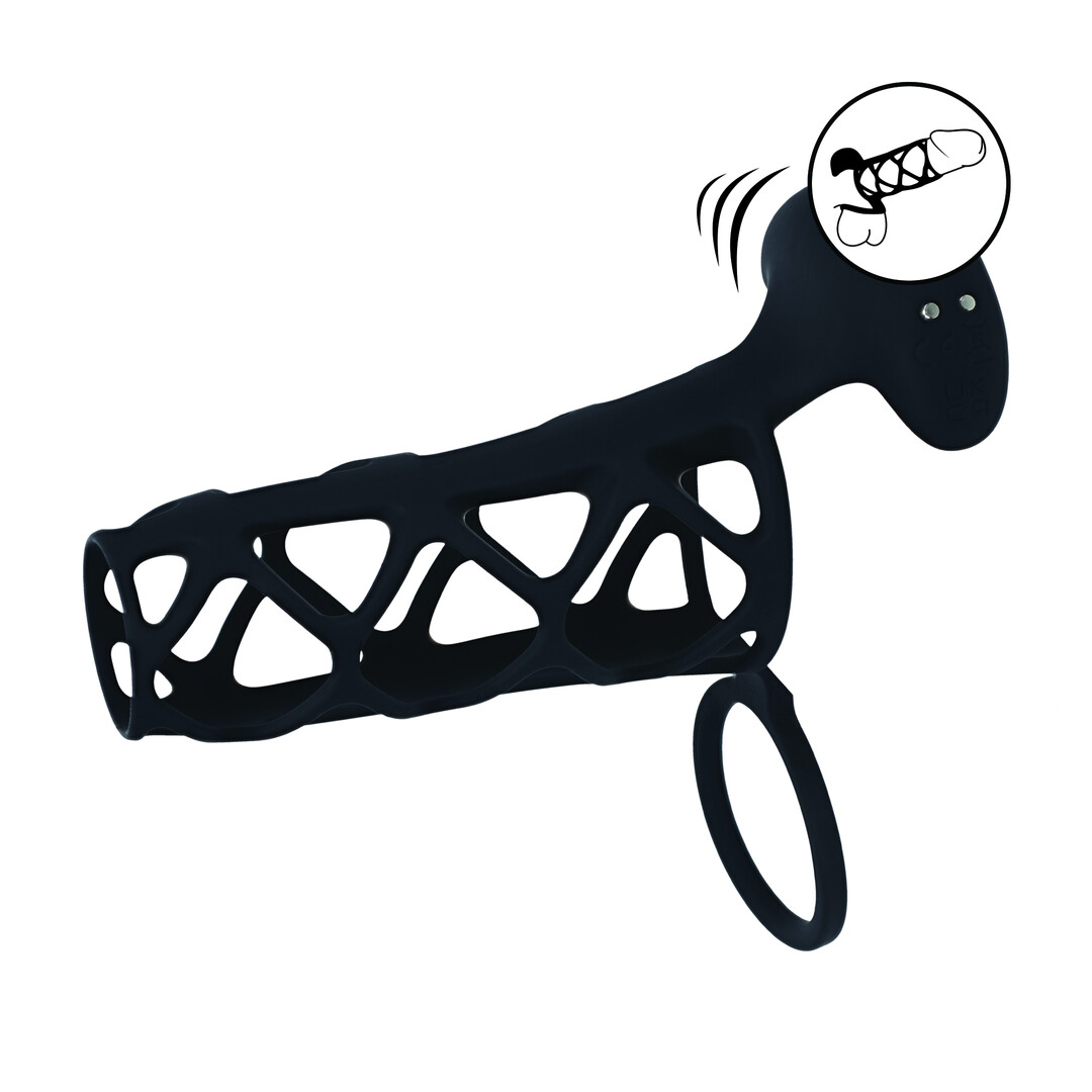 Levelz by shots Vibrerende Kooi Silicone Penis Huls en Balring - Zwart (8714273067296)