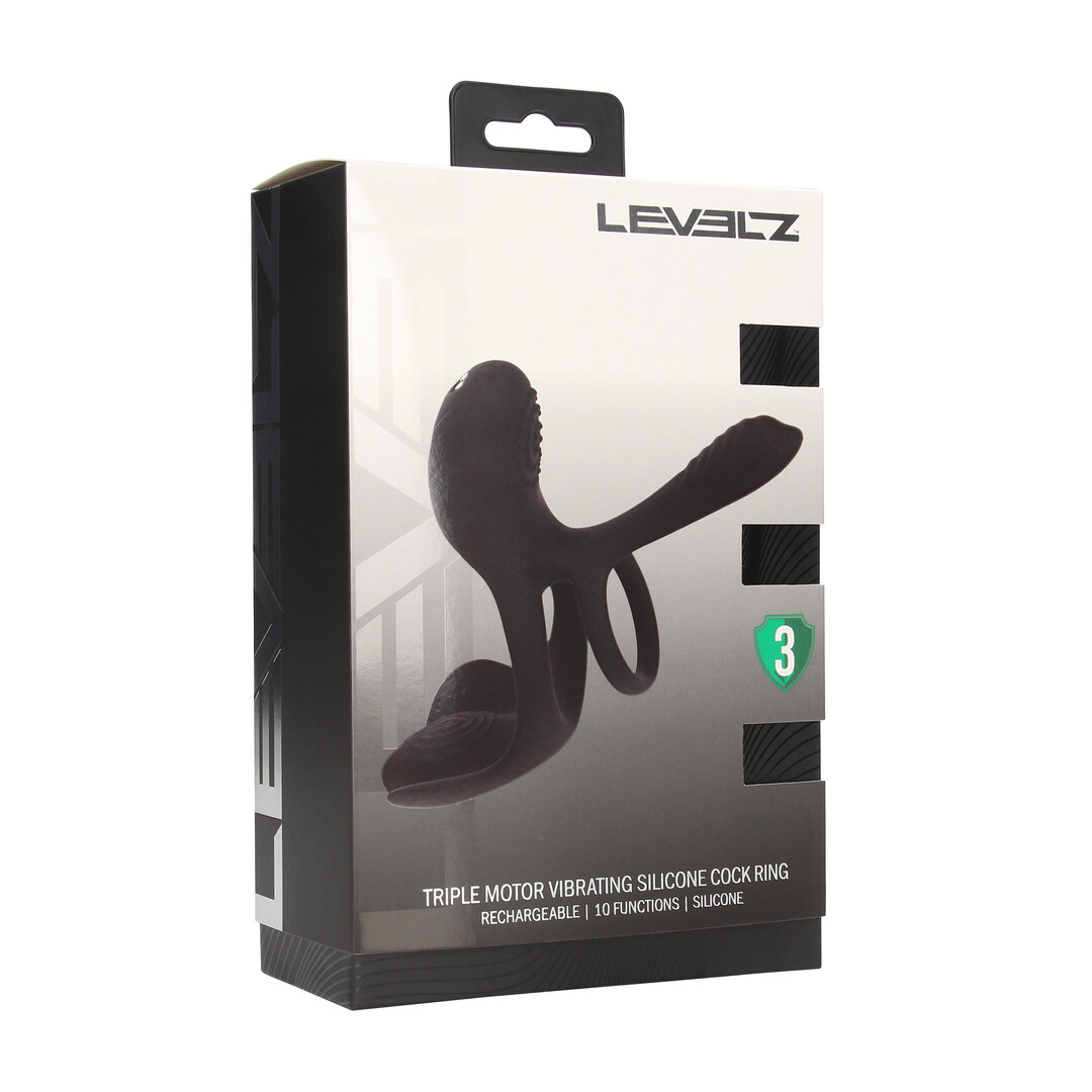 Levelz by shots Drievoudige Motor Vibrerende Siliconen Cockring - Zwart (8714273067715)