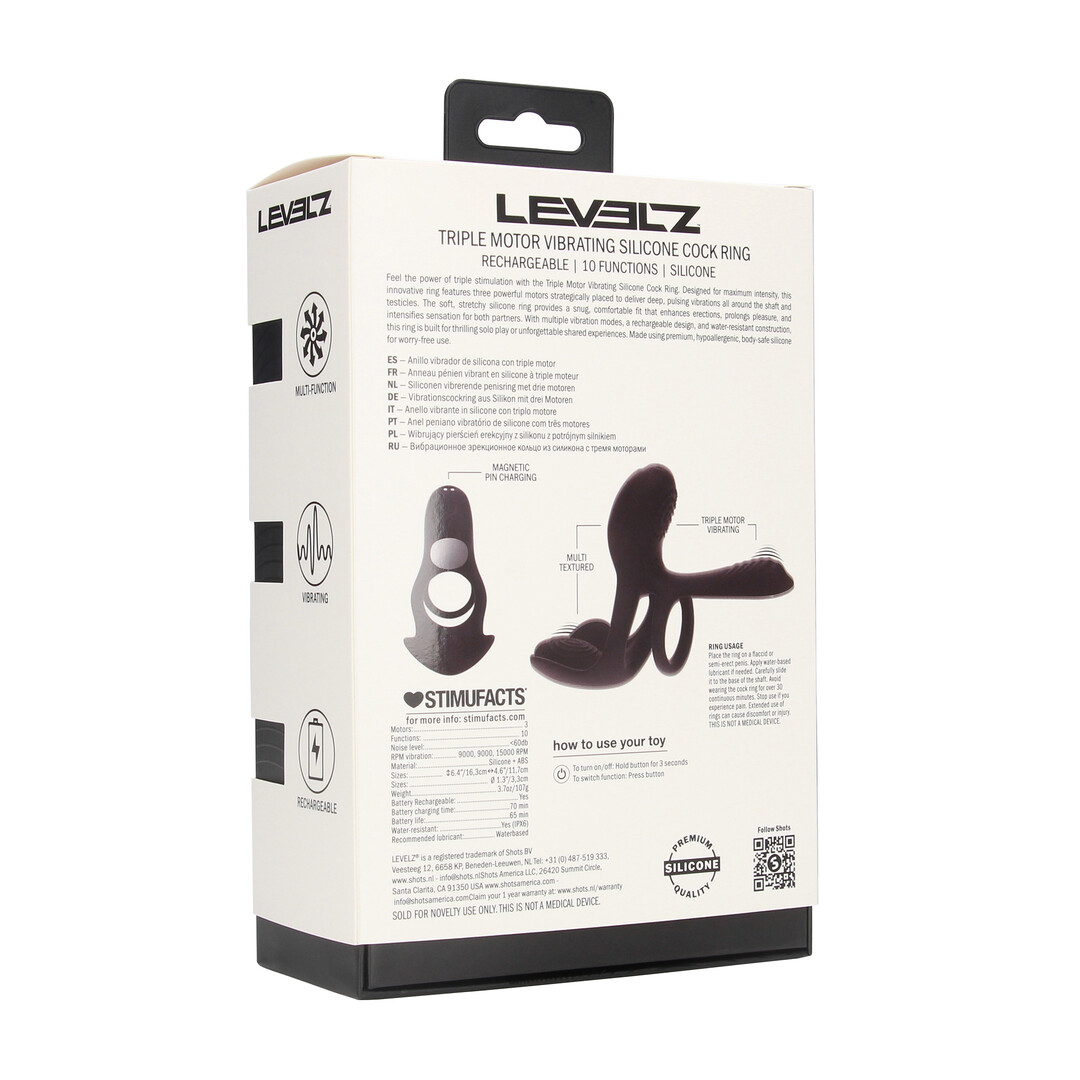 Levelz by shots Drievoudige Motor Vibrerende Siliconen Cockring - Zwart (8714273067715)