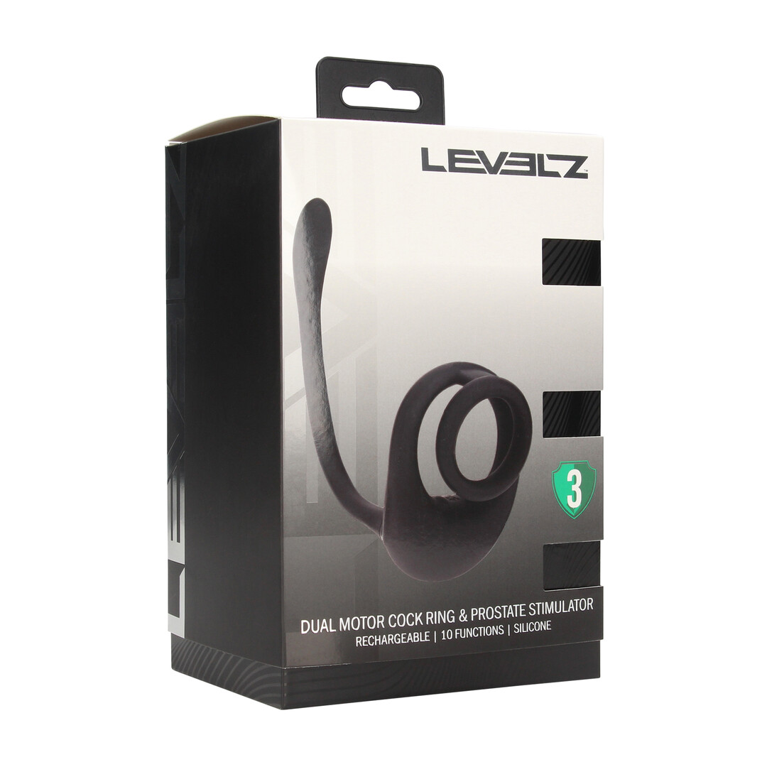 Levelz by shots Dubbele Motor Siliconen Cockring met Prostaat Stimulator - Zwart (8714273067852)
