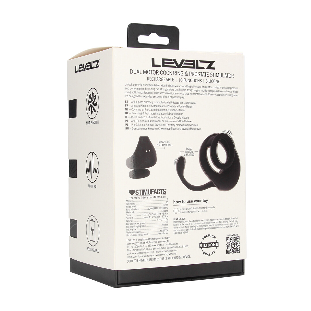 Levelz by shots Dubbele Motor Siliconen Cockring met Prostaat Stimulator - Zwart (8714273067852)