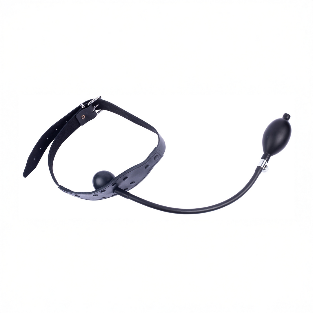 Red leather Leren Gag met Opblaasbare Bal - Zwart (3662811320486)