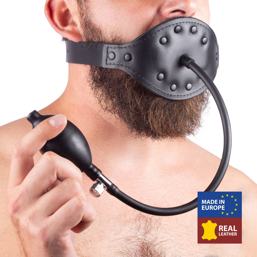 Red leather Leren Gag met Opblaasbare Bal - Zwart (3662811320486)