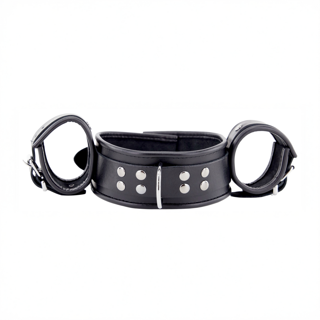 Red leather Leren Hals- en Handboeien - Zwart (3701019810716)
