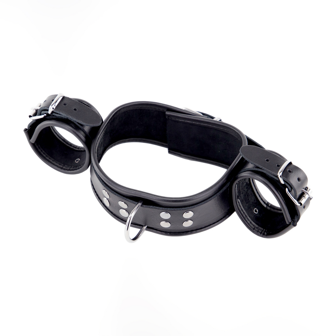 Red leather Leren Hals- en Handboeien - Zwart (3701019810716)