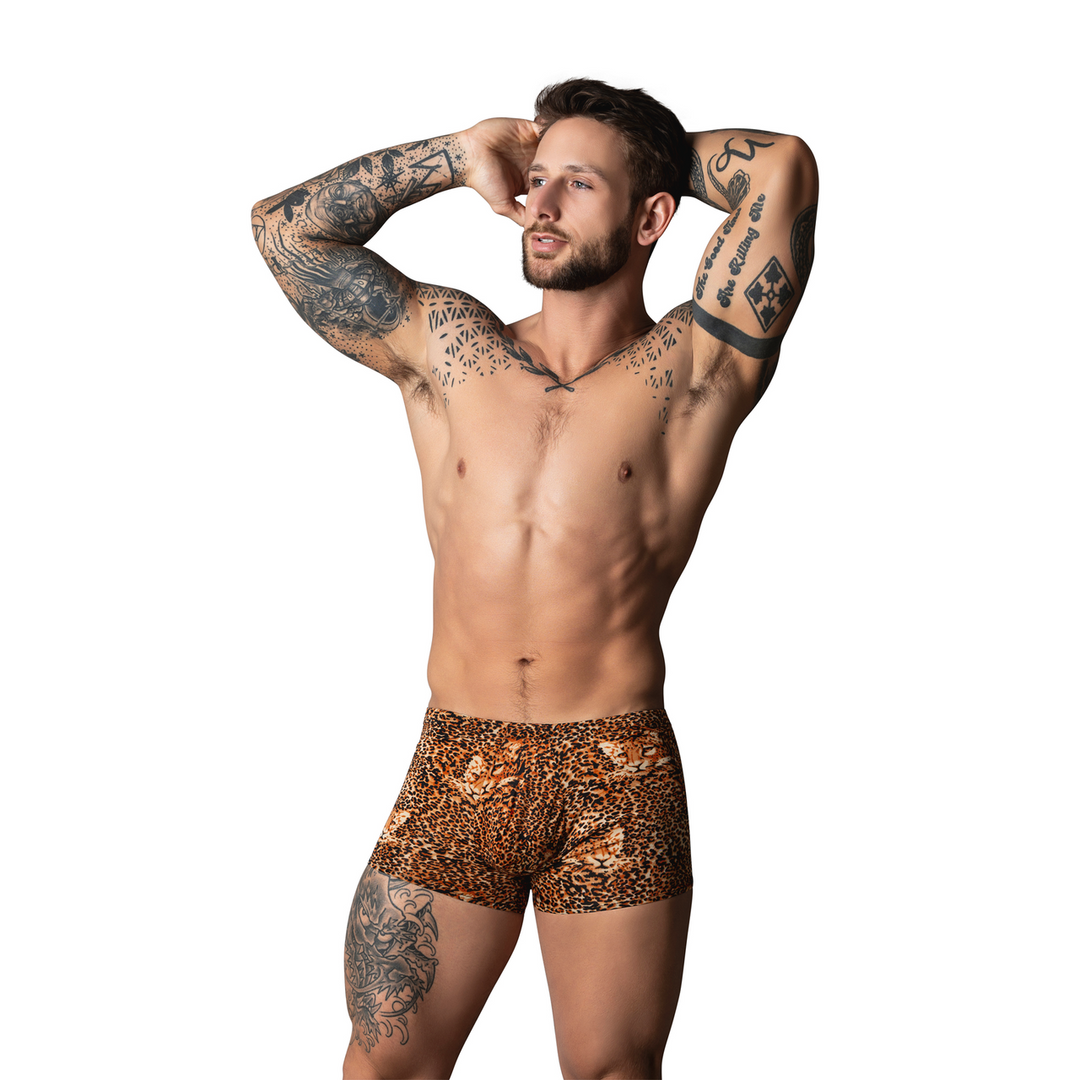 Male power Pouch Short met Zwarte Cockring - L - Bruin Luipaard (845830095624)