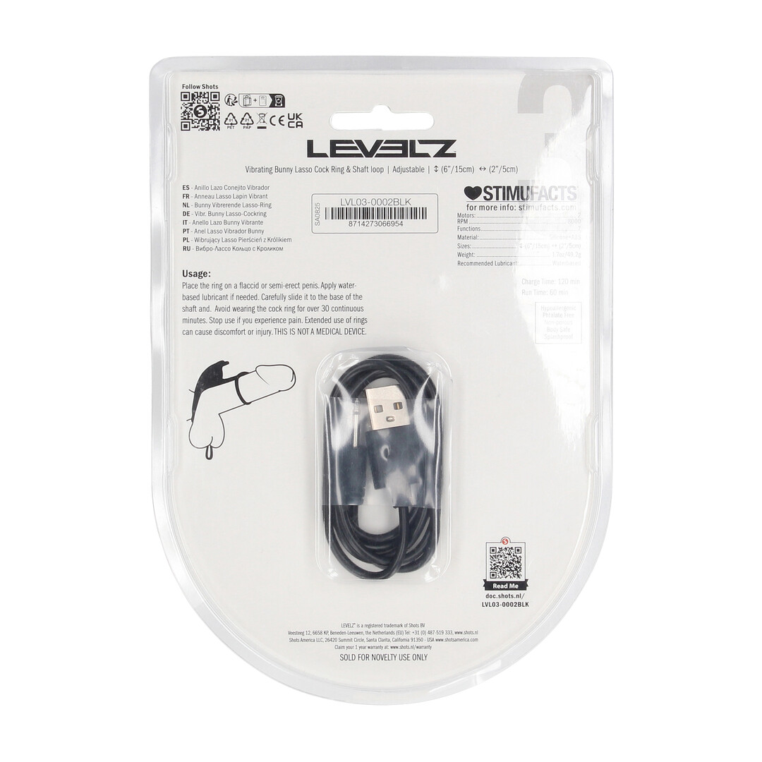 Levelz by shots Verstelbare Bunny Vibrerende Siliconen Lasso Cockring en Schachtlus - Zwart (8714273066954)