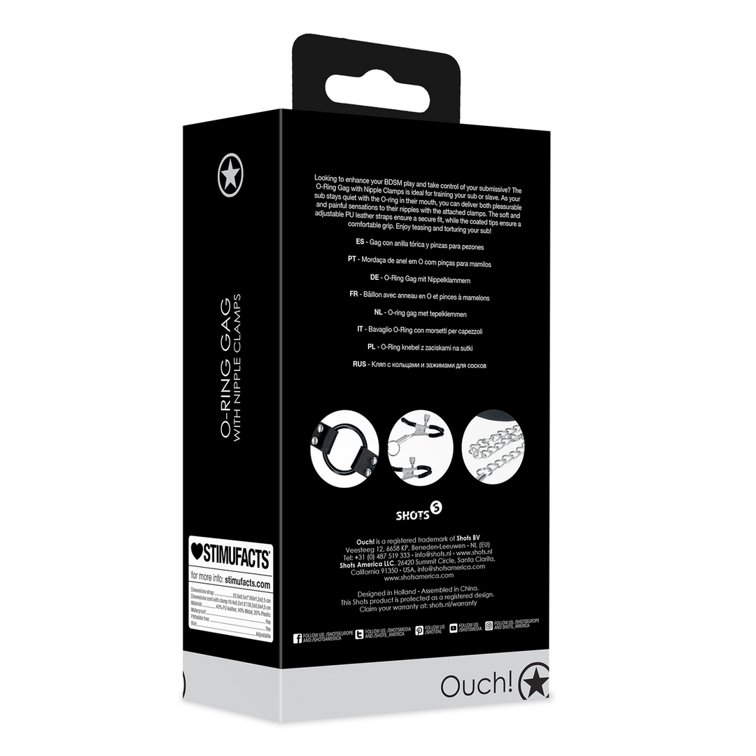 Ouch! by shots O-Ring Gag met Nipple Clamps - Zwart (8714273048103)