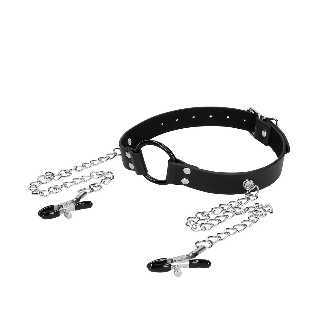 Ouch! by shots O-Ring Gag met Nipple Clamps - Zwart (8714273048103)