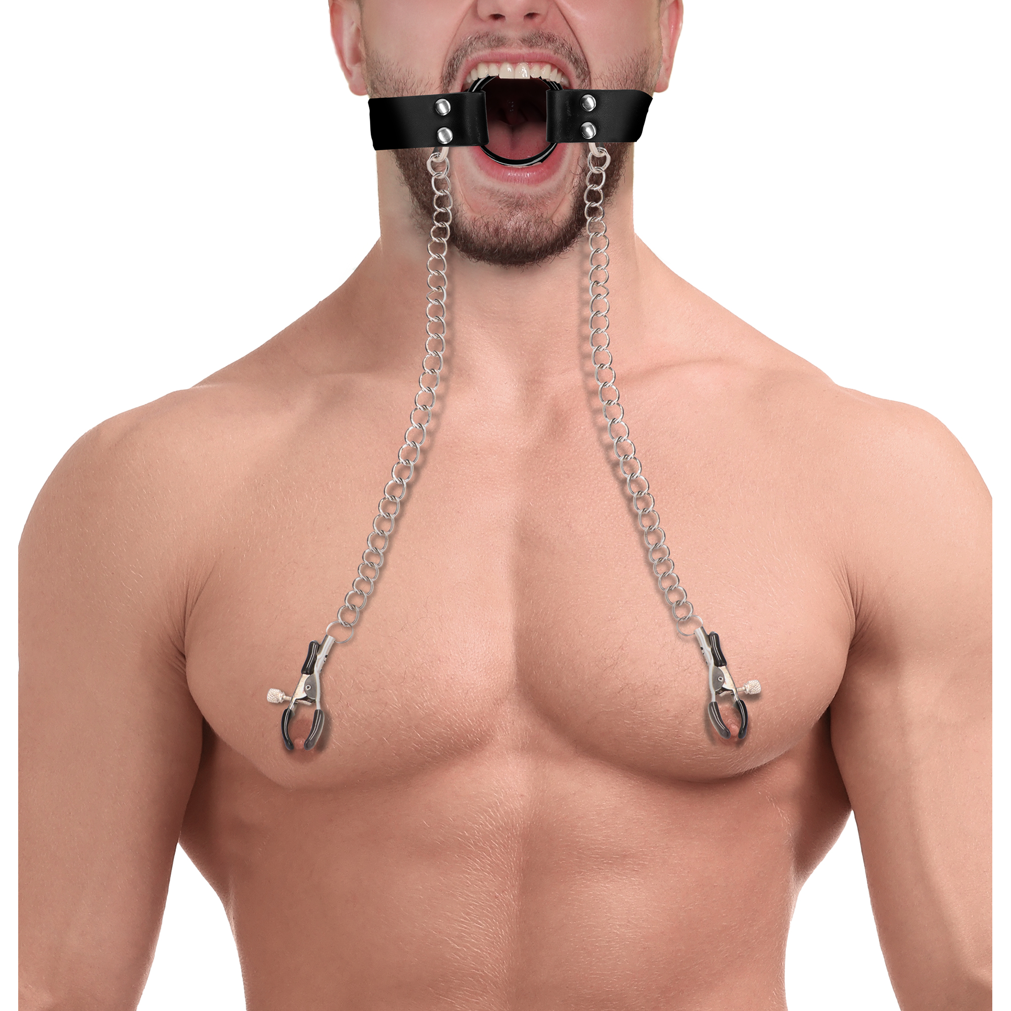 Ouch! by shots O-Ring Gag met Nipple Clamps - Zwart (8714273048103)