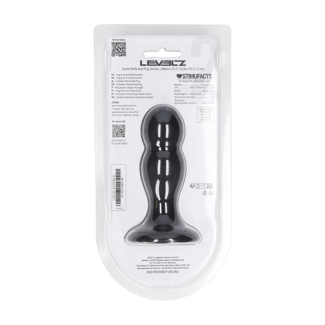 Levelz by shots Dubbele Rammelaar Vloeibare Siliconen Anale Plug - M - Zwart (8714273065148)