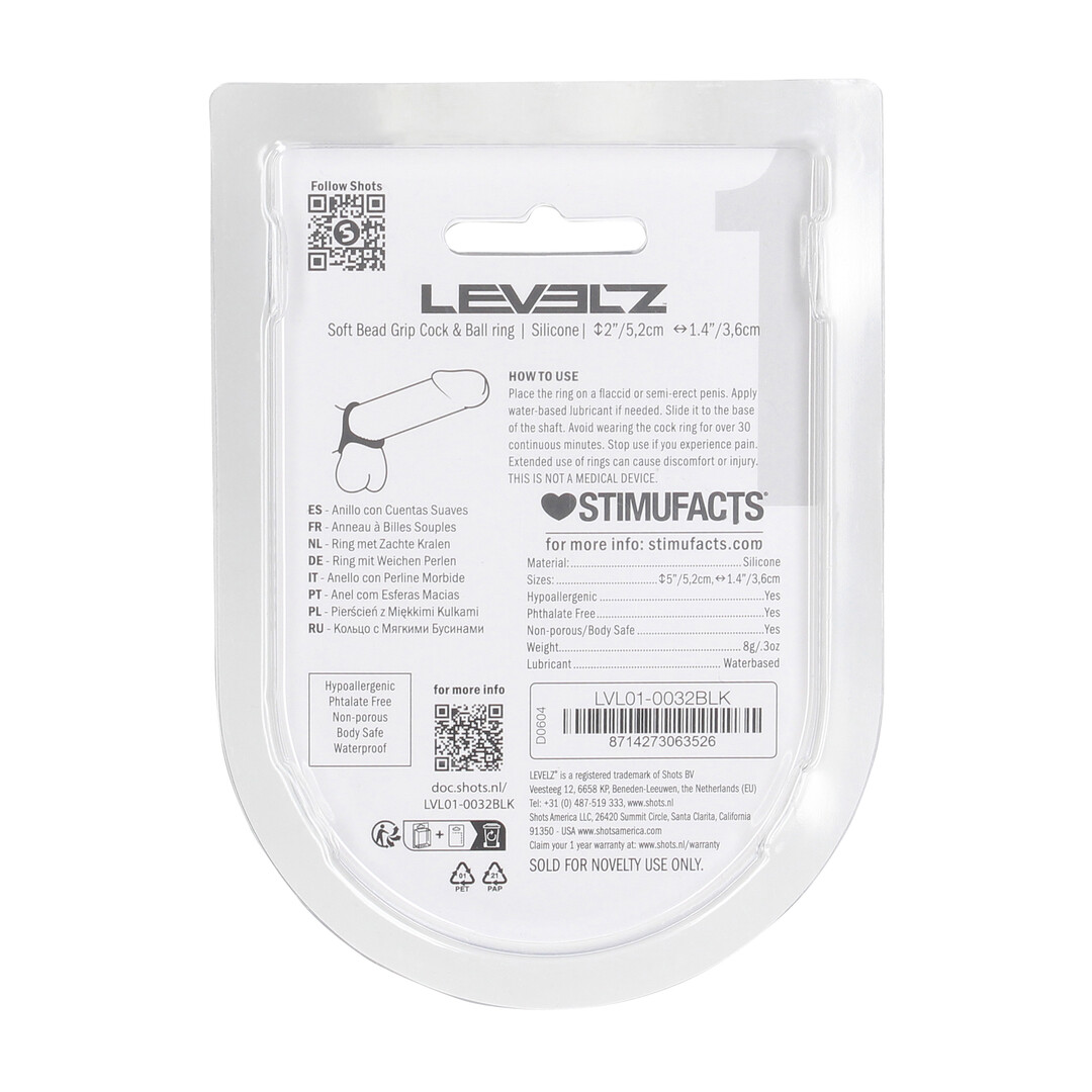 Levelz by shots Zachte Kraal Grip Siliconen Penis- en Ballenring - Zwart (8714273063526)