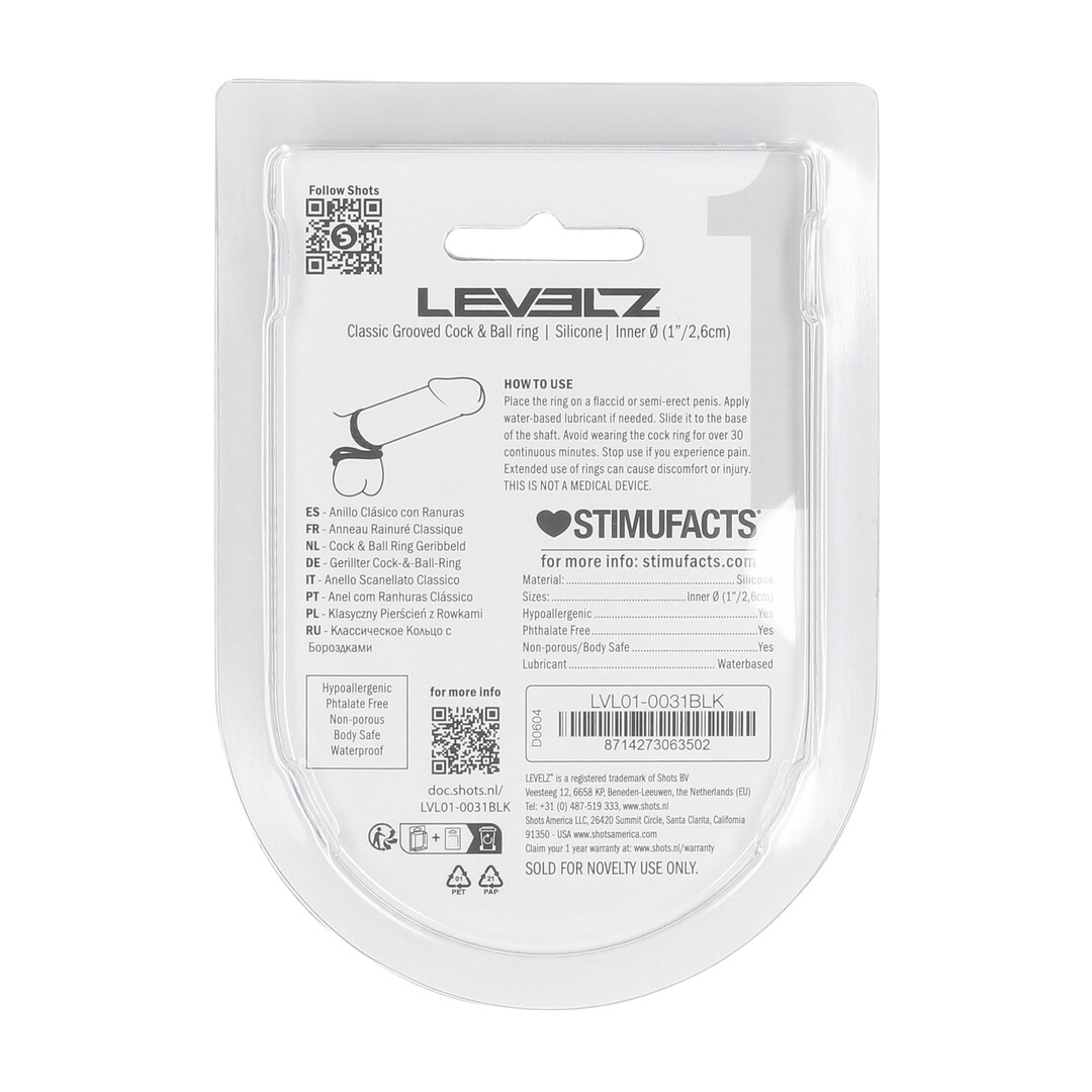 Levelz by shots Classic Grooved Silicone Penis- en Ballenring - Zwart (8714273063502)
