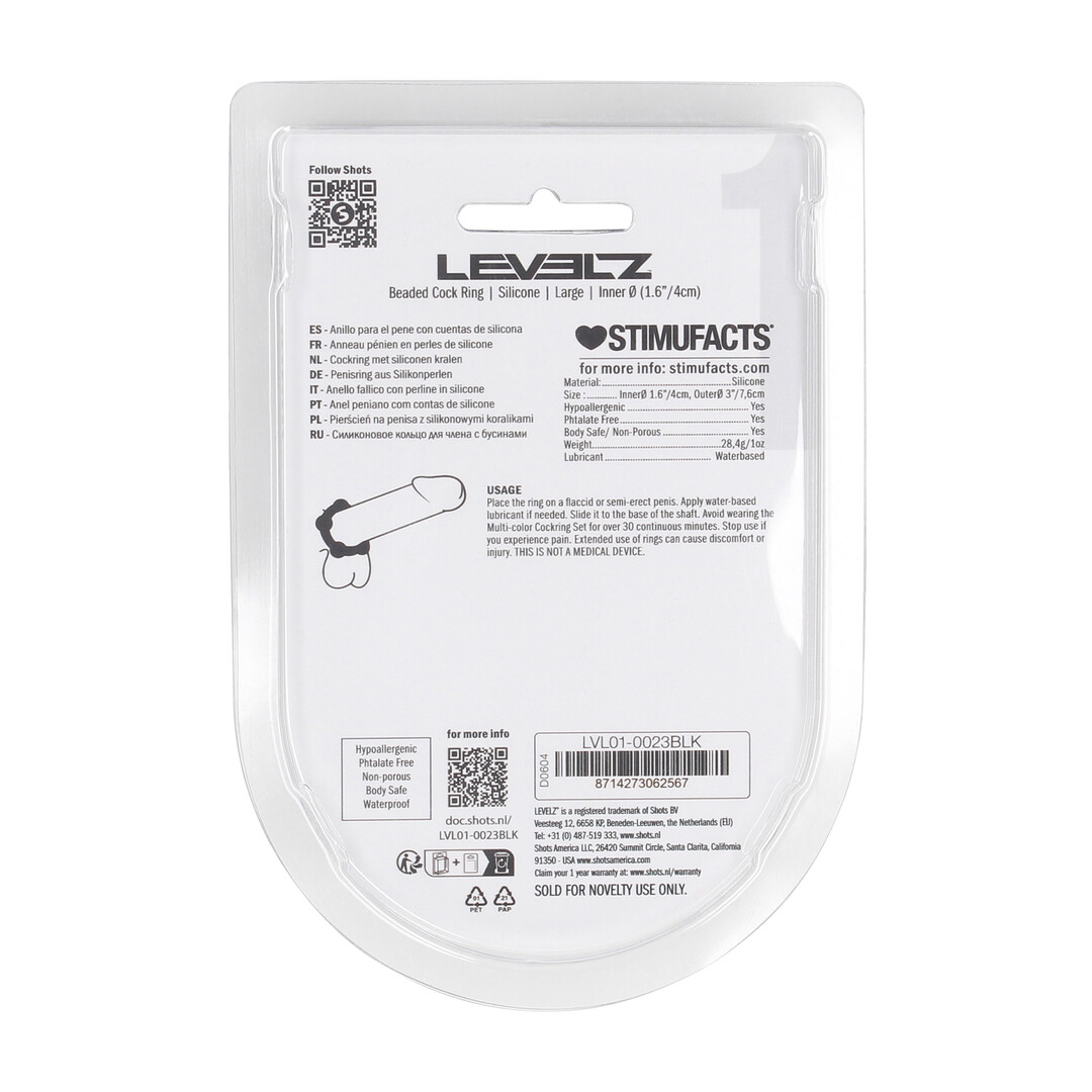 Levelz by shots Kralen Siliconen Cockring - L - 45mm - Zwart (8714273062567)