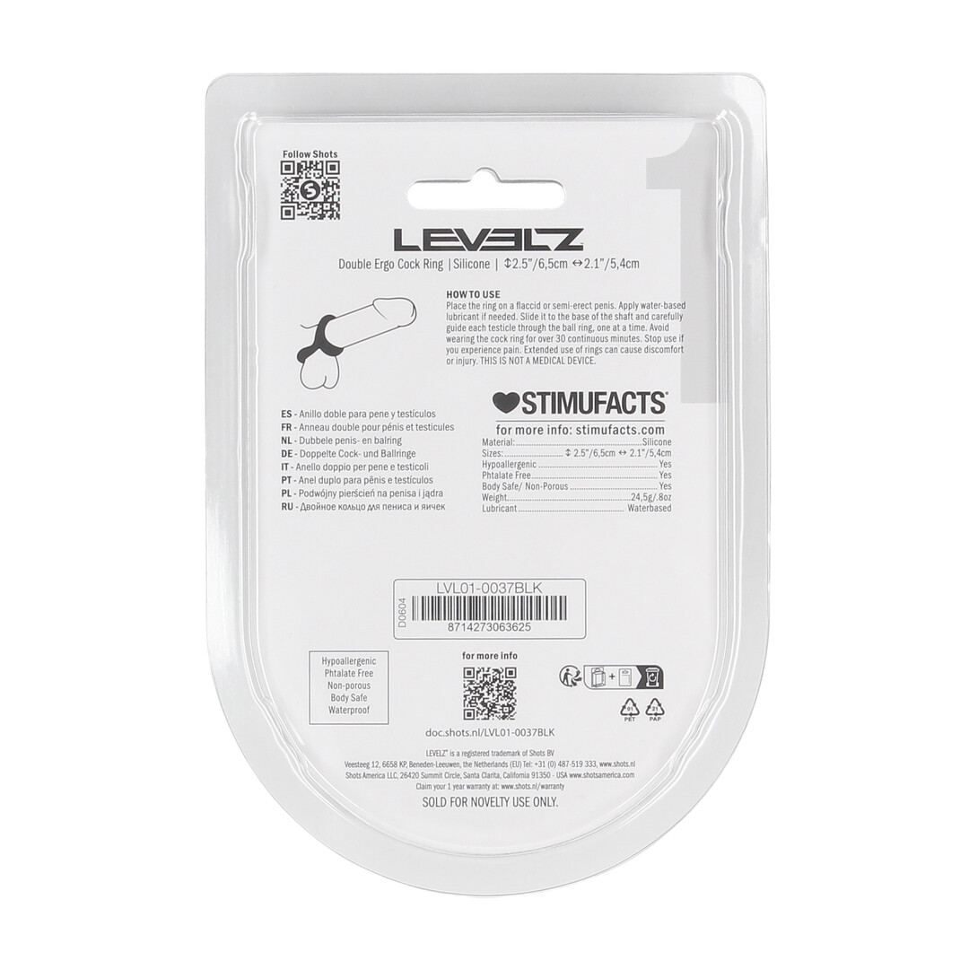 Levelz by shots Double Ergo Siliconen Cockring - Zwart (8714273063625)