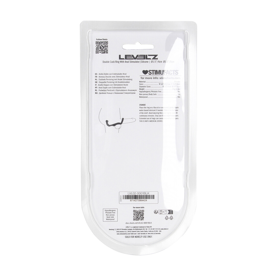 Levelz by shots Siliconen Dubbele Cockring met Anale Stimulator - Zwart (8714273064424)