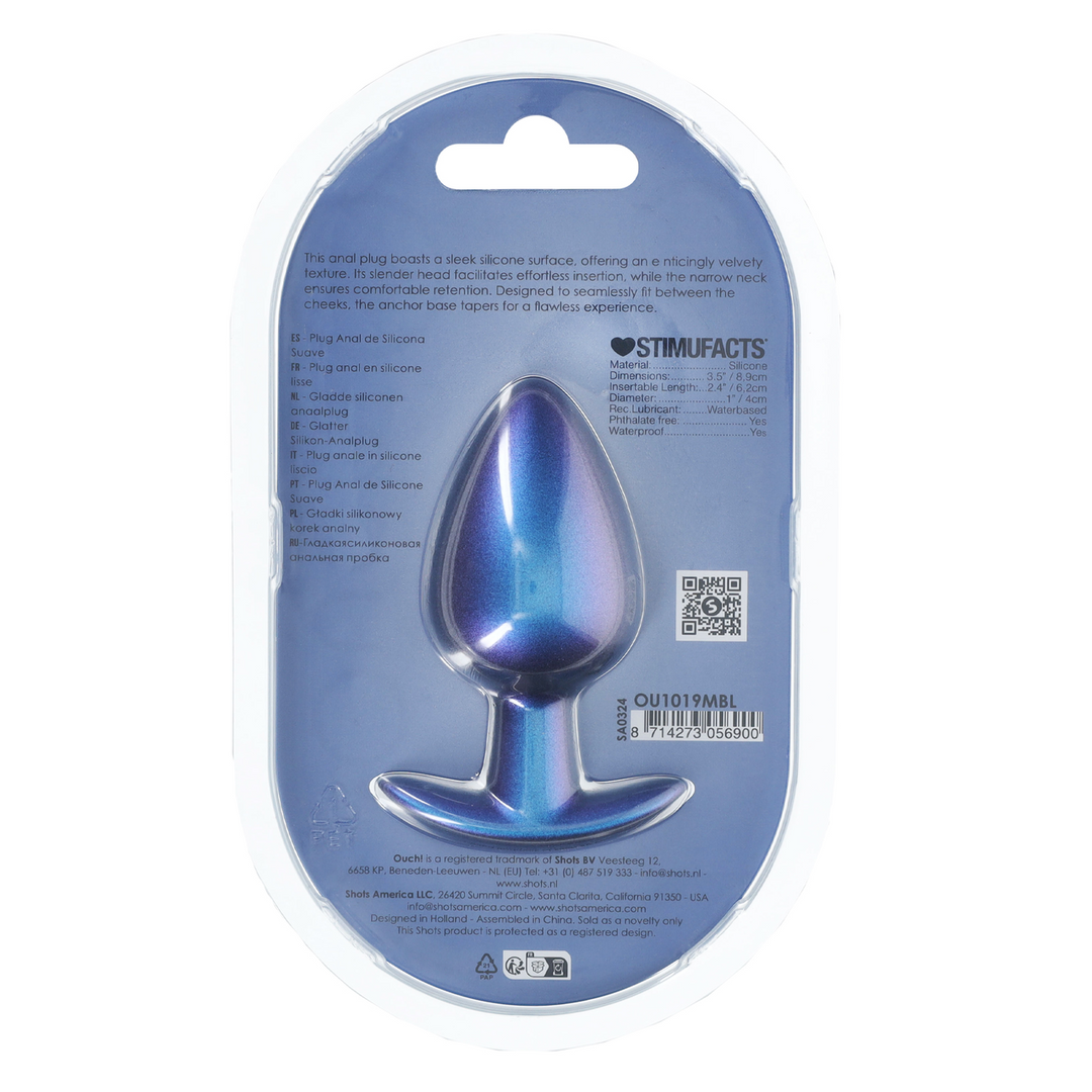 Ouch! by shots Zachte Siliconen Anale Plug - Groot - 3,5 / 8,9 cm - Metallic Blauw (8714273056900)