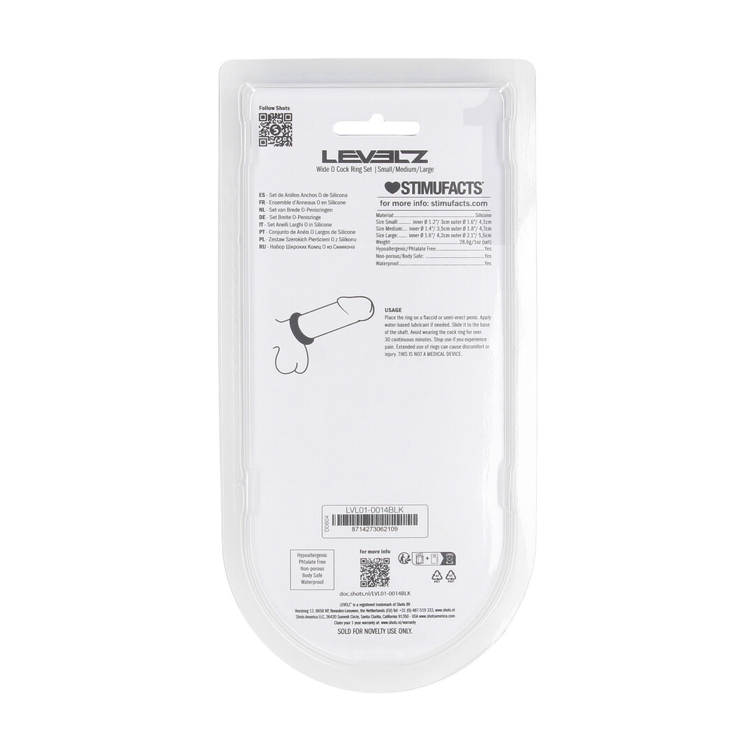 Levelz by shots Wide O Siliconen Cockring Set van 3 - S/M/L - Zwart (8714273062109)
